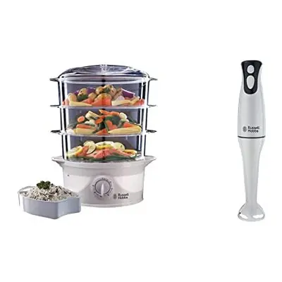 Russell Hobbs 3-Tier Food Steamer, W, Litre, White & Food Collection Hand Blender, W - White