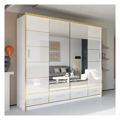 (203cm, White ) Sydney High Gloss Sliding Mirror door wardrobe