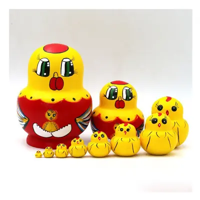 (chick) 10Pcs/Set Cute Cartoon Russian Nesting Dolls Wooden Handmade Toy