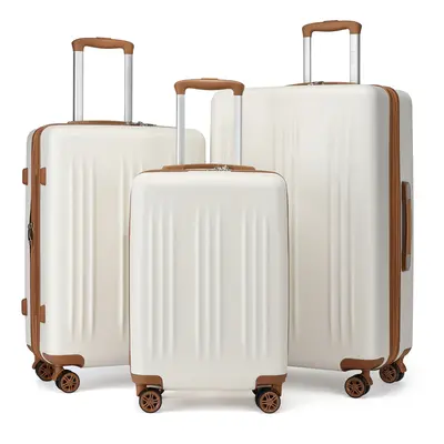 (Cream and Brown, 20+24+28 inch) 20/24/28 Inch Expandable ABS+PC Suitcase With TSA Lock