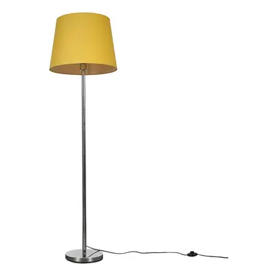 Modern Polished Chrome Metal Standard Floor Lamp with a Mustard Tapered Shade