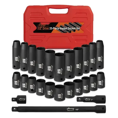 (25PCS) PCS Drive Master Deep Impact Socket Set 10mm - 24mm, CR-V with 3pcs Drive Impact Extensi