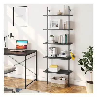 (Black) Industrial Ladder Shelf 5-Tier Bookcase Rack 180CM Storage Unit with Metal Frame Floatin