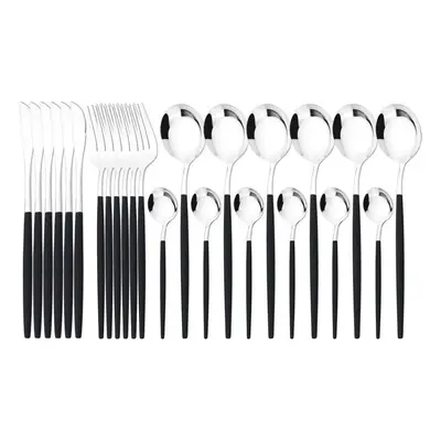 (black,silver) 24pcs Mint Gold Dinnerware Set Knife Fork Coffee Spoon Cutlery Western Stainless 