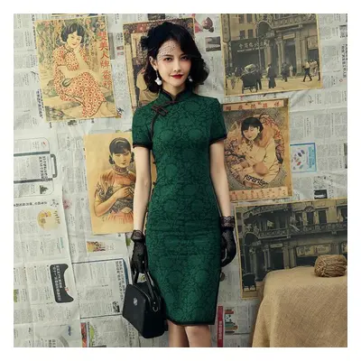 (S, dark green) Modern Cheongsam Women Short Lace Qipao Chinese Dress Qi Pao Party Vintage Ao Da