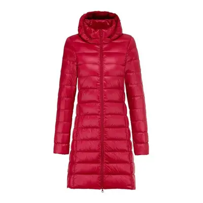 (red, XL) Women Winter Long Puffer Coat Detachable Hood Lightweight Coat Invisible Zipper Casual