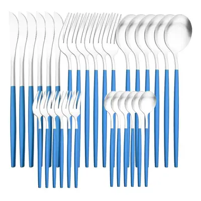 (blue,silver) 6people Matte Gold Dinnerware Set 30pcs/set Dinner Knife Cake Fork Spoon Tableware