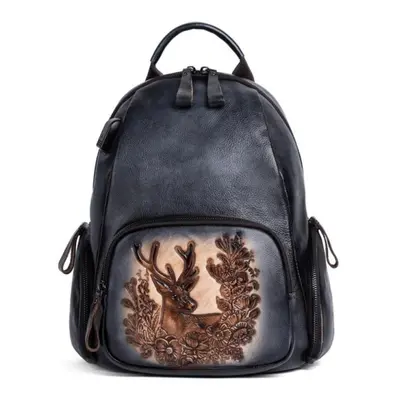 (black) Johnature Vintage Bag Handmde Embossing Women Cowhide Backpack Genuine Leather Large Cap