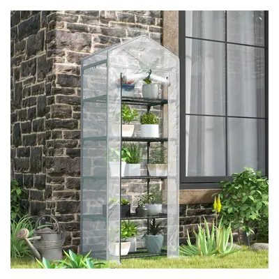 Outsunny Tier Mini Greenhouse Grow House w/ Roll Up Door, White/Grey