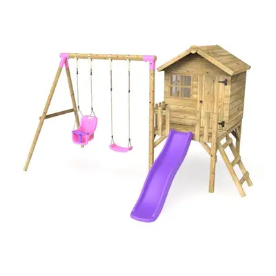 (Purple) Rebo Orchard 4ft x 4ft Wooden Playhouse with Standard Swing, Baby Swing, 900mm Deck and