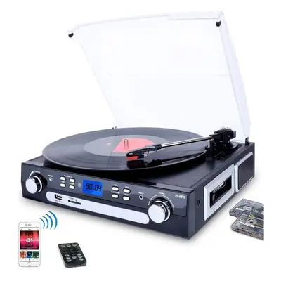 (Black) Vinyl Player, Bluetooth Turntable with Stereo Speakers, Vinyl to MP3 Turntable with Tape