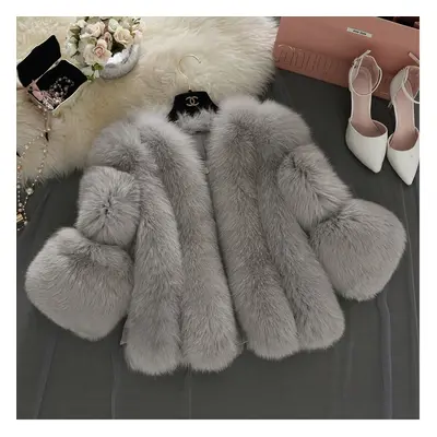 (xxxxL, grey) Autumn Winter Fur Fox Coat Women Fluffy Jacket Autumn Winter New