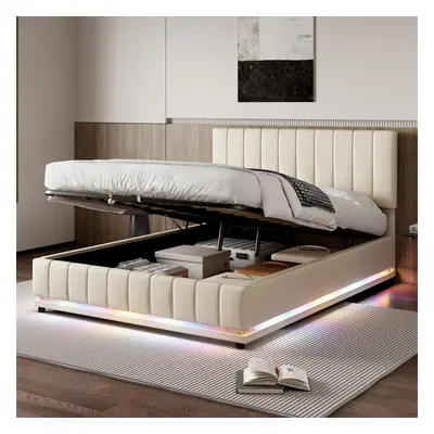 (Beige with Hydraulic Storag) 4ft6 Double Ottoman Bed Frame with LED Lighting