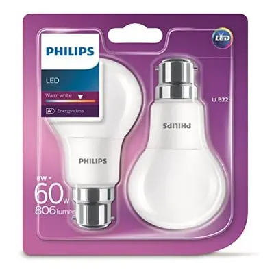 Philips LED B22 Frosted Light Bulbs, W (60 W) - Warm White, Pack of