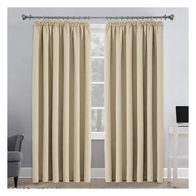 (Cream, 90"X90") Thermal Blackout Curtains Pencil Pleat Curtain Ready Made Window Panel & Tiebac