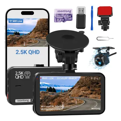 Front and rear dash cam WiFi/APP controlled car camera dash cam with 64GB card, 2.5K front dash 