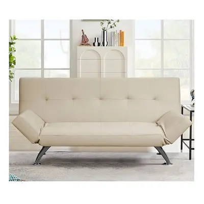 Venice Faux Leather Sofa Bed In Cream With Chrome Metal Legs