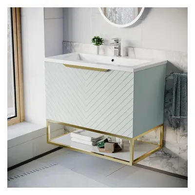 Nes Home 800mm Wall Hung Green Drawers Basin Vanity Brushed Brass Frame & Handle