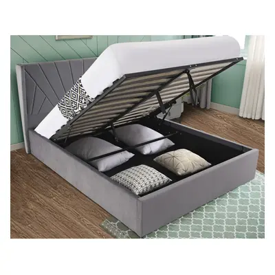 ((5ft King Size, Grey)) Velvet Ottoman Bed Frame With Storage