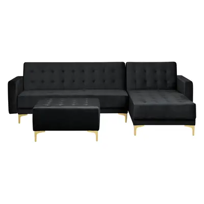 Left Hand Velvet Corner Sofa with Ottoman Black ABERDEEN