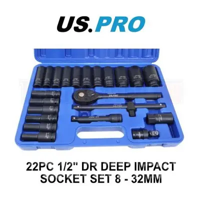 US PRO Tools 22pc 1/2" DR Deep Impact Socket Set - 32mm Point