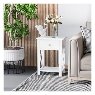 HOMCOM 55cm End Side Table w/ Drawer Shelf Home Storage Furniture White