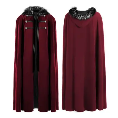 (red) Punk Mens Coat Long Jacket Black Gothic Steampunk Hooded Trench Halloween Cloak