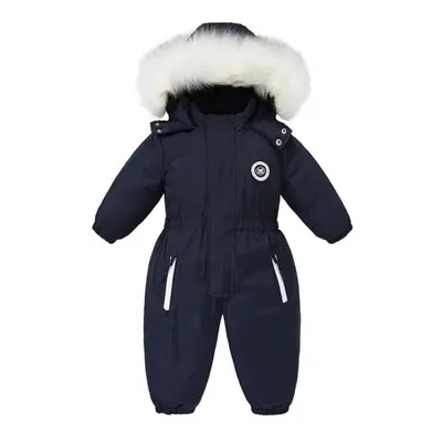 (navy blue, 100(2T)) Winter Baby Ski Suit Plus Velvet Baby Jumpsuit Boys Overalls Warm Kids Clot