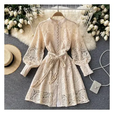 (apricot, S) Lace Elegant Dress Women Spring Autumn New O-neck Lantern Sleeve Hollow Out Short D