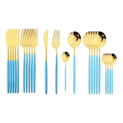 (blue,gold, 24pcs) 24pcs Black Handle Golden Cutlery Set Stainless Steel Knife Fork Spoon Tablew