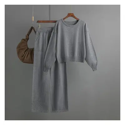 (gray, OneSize) Fall Winter Lazy Wind Loose O-neck Pullover Sweater Suit Women&apos;s Solid Colo