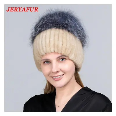 (beige) Jeryafur Warm Real Natural Mink Fur Hat Female Mix Color Sliver Fox Fur Women Winter Hat