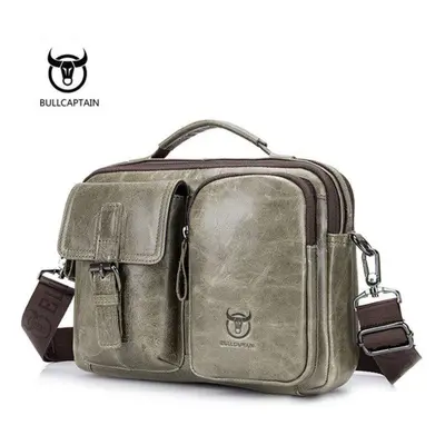 (light green) Bullcaptain New Genuine Leather Men Crossbody Bag Male Briefcase Messenger Bag Cas