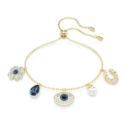 Symbolica Gold-tone Plated Clover Evil Eye, Horseshoe Blue Crystal Pearl Bracelet