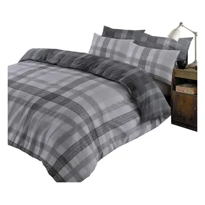 (Super King, Chracoal Grey Silver) Boston Check Duvet Cover with Pillow Case 100% Brushed Cotton