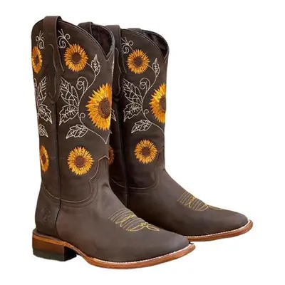 (Dark Brown, 43) Women Cowboy Boots Sunflower Embroidered Western Boots Comfort Flat Ankle Boots