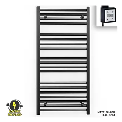 (500 x (BTU: 1669), With KTX3 Thermostatic Element + Timer) 500mm Wide Black Electric Towel Rail