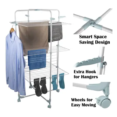 30M Clothes Airer Drying Tier Rack Foldable Laundry Dryer Roller Wheeled Hook