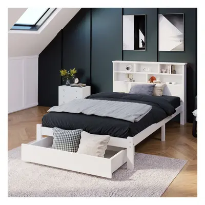 3FT Single Bed with Shelves, White Wooden Storage Bed, Underbed Drawer