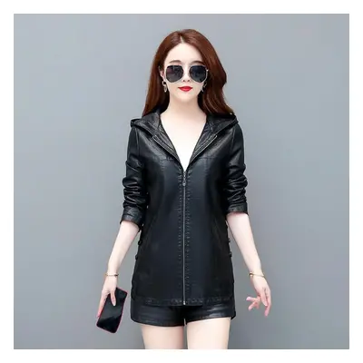 (as the picture, XL) Women&apos;s Autumn Sheepskin Leather Coat Women&apos;s Windbreaker Hooded 