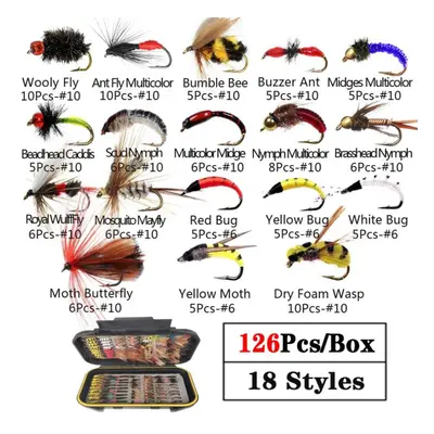 (126Pcs/Box(18 Styles)) 40/78/126pcs Fly Fishing Flies Fly Hooks Dry/wet Flies Nymphs Streamers 