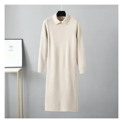 (khaki, OneSize) Autumn Winter New Polo Collar Knitted Long Sleeve Solid Color Sweater Loose Dre