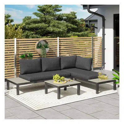 Outsunny 3pcs Garden Sectional Sofa Side Table Furniture Set w/ Cushion