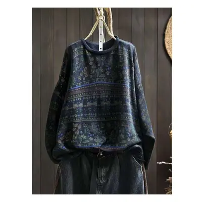 (One Size, navy blue) Johnature Woman Autumn Niche Vintage O-neck Casual Loose Retro Sweater Chi