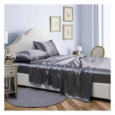 (dark grey, Queen) Colors Four-piece Set Of Solid Color Luxury Sheets Bed Hat Pillowcase Home Be