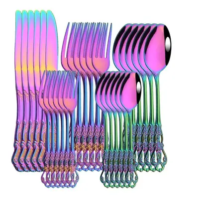 (multicolor) 30pcs/6set Gold Royal Cutlery Set Dinner Knife Fork Spoon Dinnerware Flatware Stain