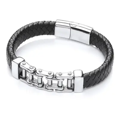 Jewelco London Mens Black Leather Stainless Steel Flat Plain Weave Bicycle Chain Strap Bracelet 