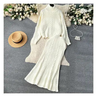 (white, One Size) Winter New Turtle Neck Long-sleeved Twisted Sweater + High Waist Mermaid Knit 