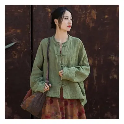 (green, One Size) Johnature Women Chinese Style Shirts Solid Color Long Sleeve Button Loose Autu