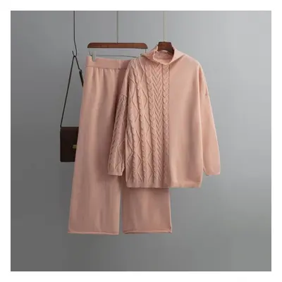 (pink, OneSize) Autumn Winter Oversized High Neck Long Sleeve Solid Color Casual Set Women Soft 